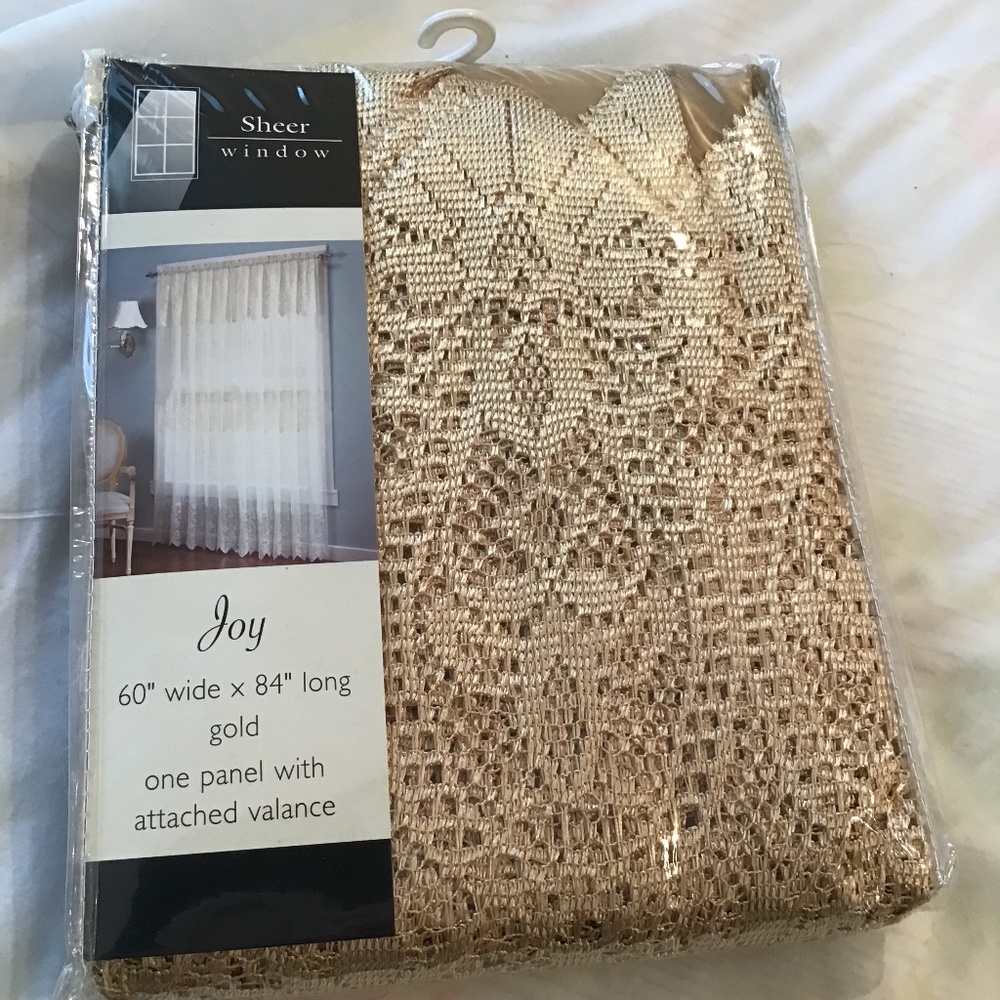 6 Joy gold 60” wide by 84” long sheer window panel curtains attached valance NWT